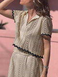 Contrast Trim Openwork Short Sleeve Top and Skirt Set - Trendsi - Flyclothing LLC