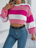 Color Block Round Neck Cropped Sweater - Trendsi - Flyclothing LLC