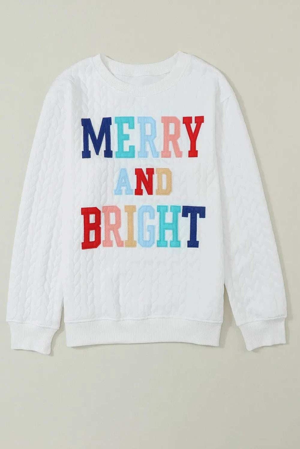 Full Size MERRY AND BRIGHT Cable Knit Pullover Sweatshirt - Trendsi - Flyclothing LLC