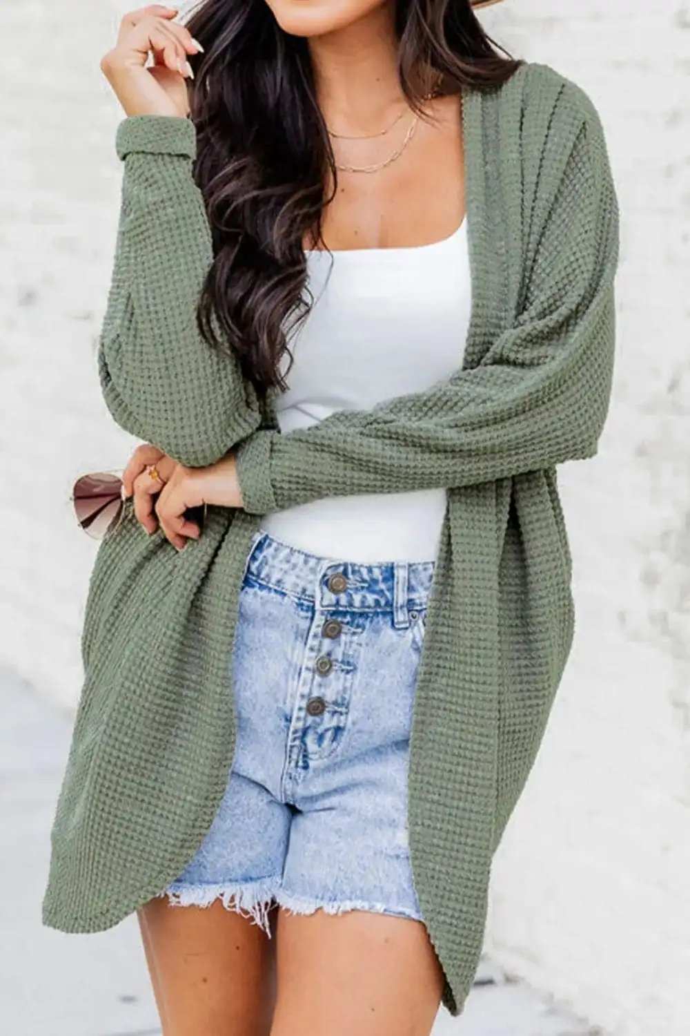 Waffle-Knit Open Front Long Sleeve Cover Up - Trendsi - Flyclothing LLC