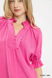 Umgee Linen Scalloped Ruffle Neck Blouse - Trendsi - Flyclothing LLC