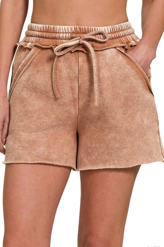 Zenana Acid Wash Fleece Drawstring Shorts With Pockets - Trendsi - Flyclothing LLC