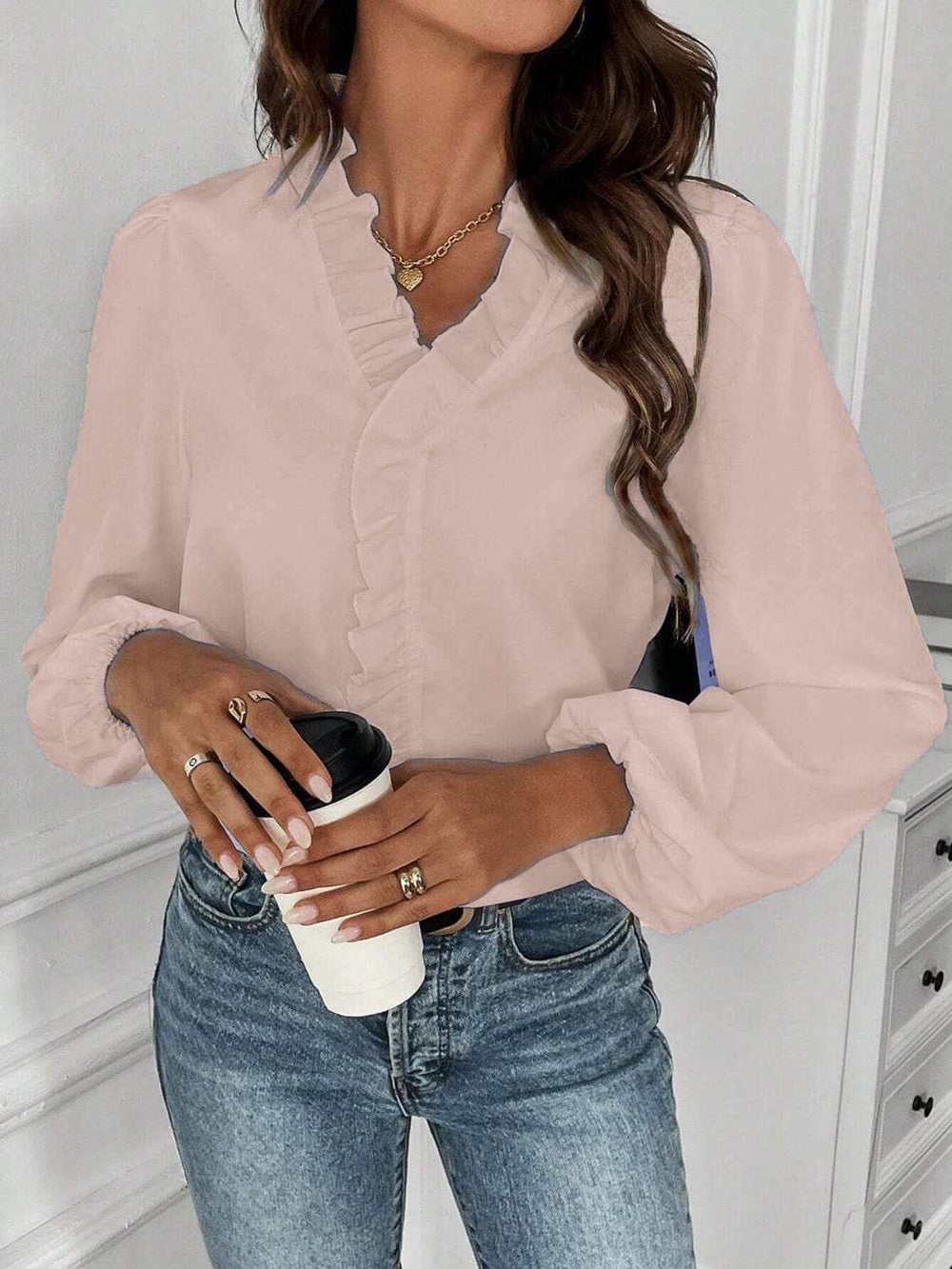 Ruffled V-Neck Long Sleeve Blouse - Trendsi - Flyclothing LLC