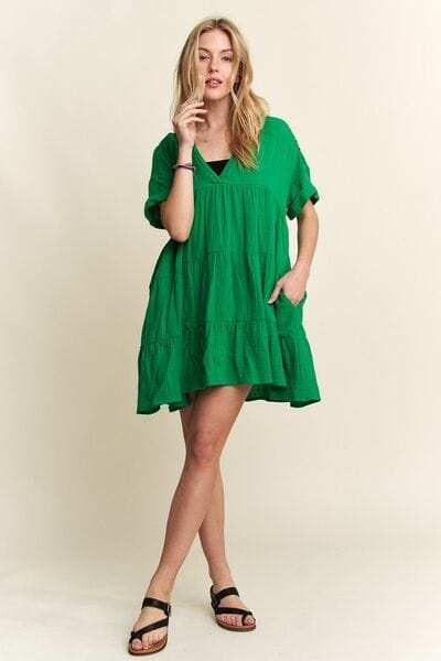 ADORA Tiered Notched Short Sleeve Dress - Trendsi - Flyclothing LLC