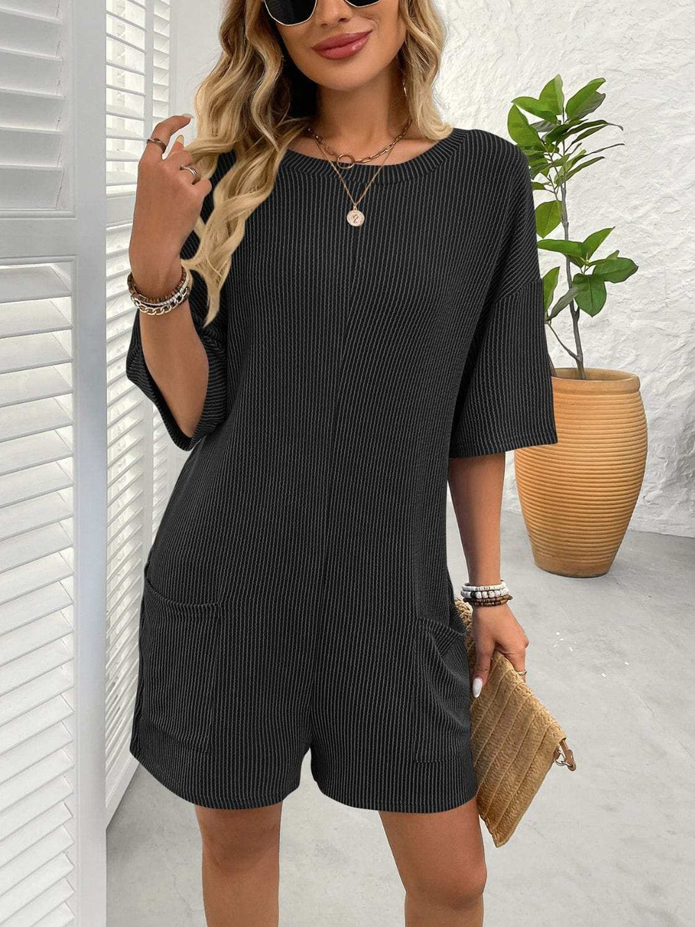 Backless Textured Round Neck Half Sleeve Romper - Trendsi - Flyclothing LLC