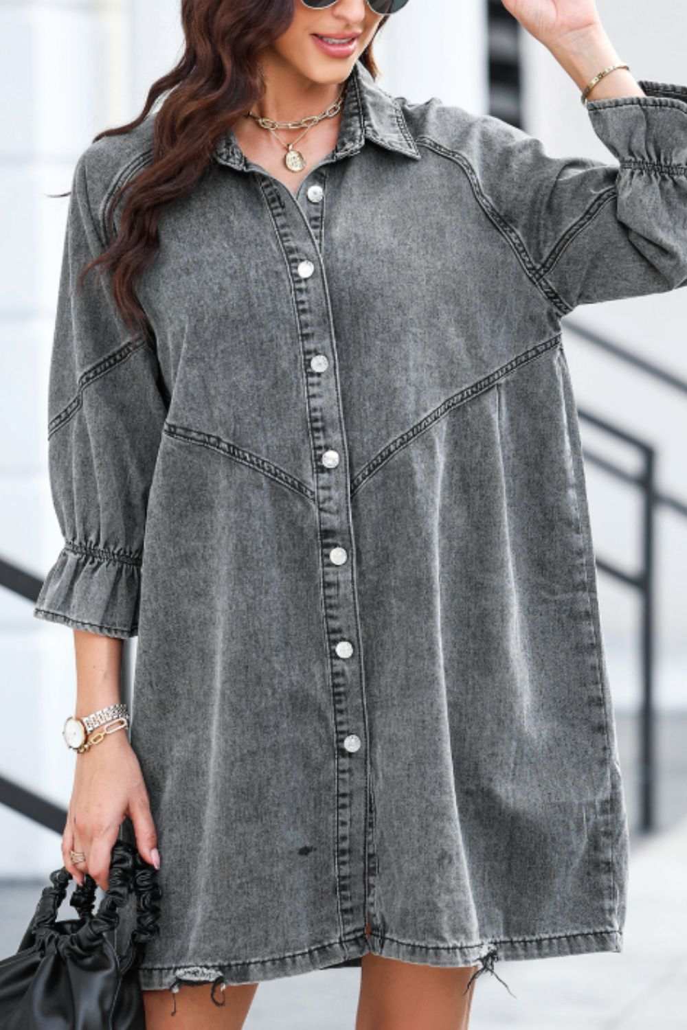 Distressed Collared Neck Flounce Sleeve Denim Dress - Trendsi - Flyclothing LLC