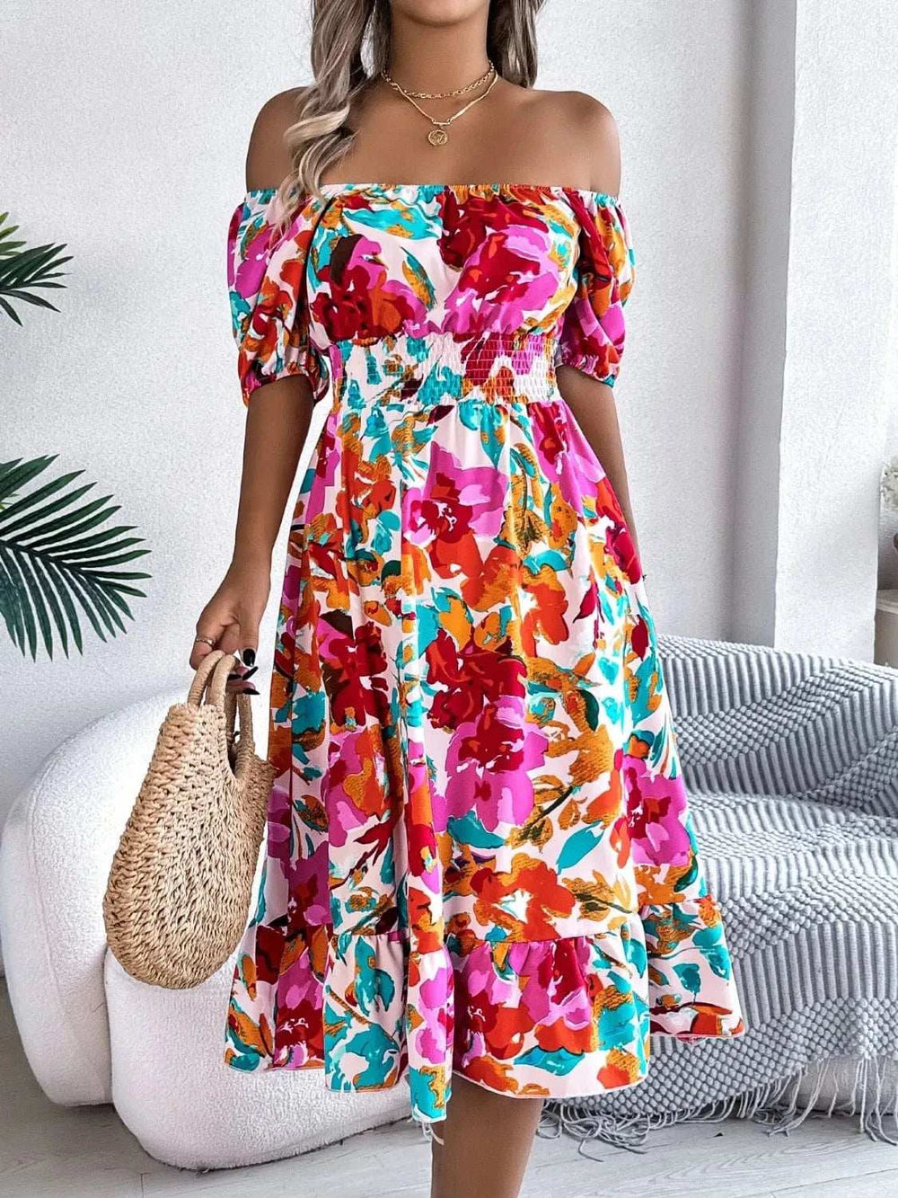 Ruffled Hem Smocked Floral Short Sleeve Midi Dress - Trendsi - Flyclothing LLC