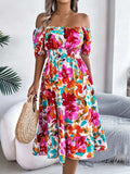 Ruffled Hem Smocked Floral Short Sleeve Midi Dress - Trendsi - Flyclothing LLC