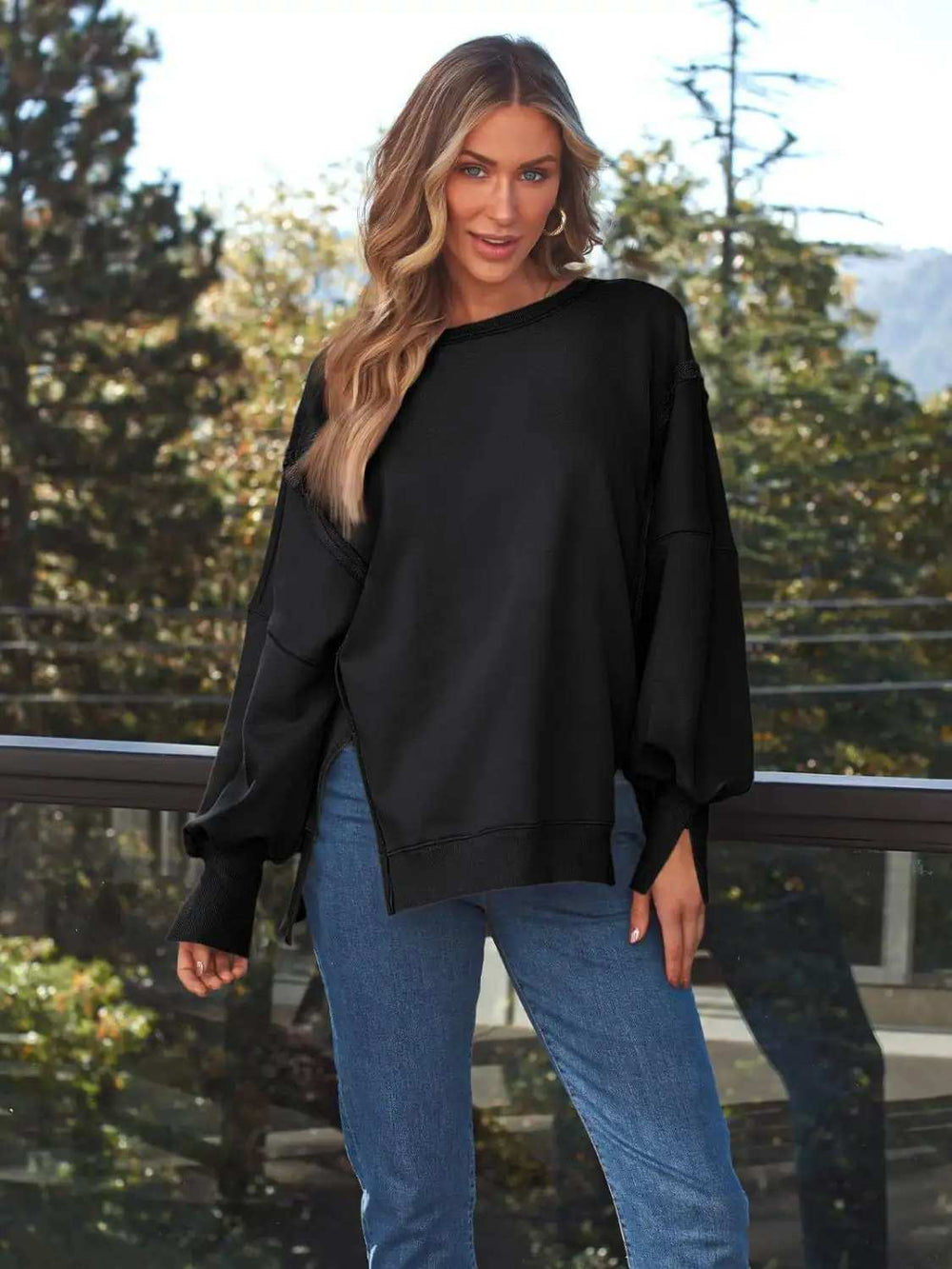 Slit Round Neck Long Sleeve Sweatshirt - Trendsi - Flyclothing LLC