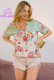 BiBi Floral Button Detail Round Neck Short Sleeve Terry T-Shirt - Trendsi - Flyclothing LLC