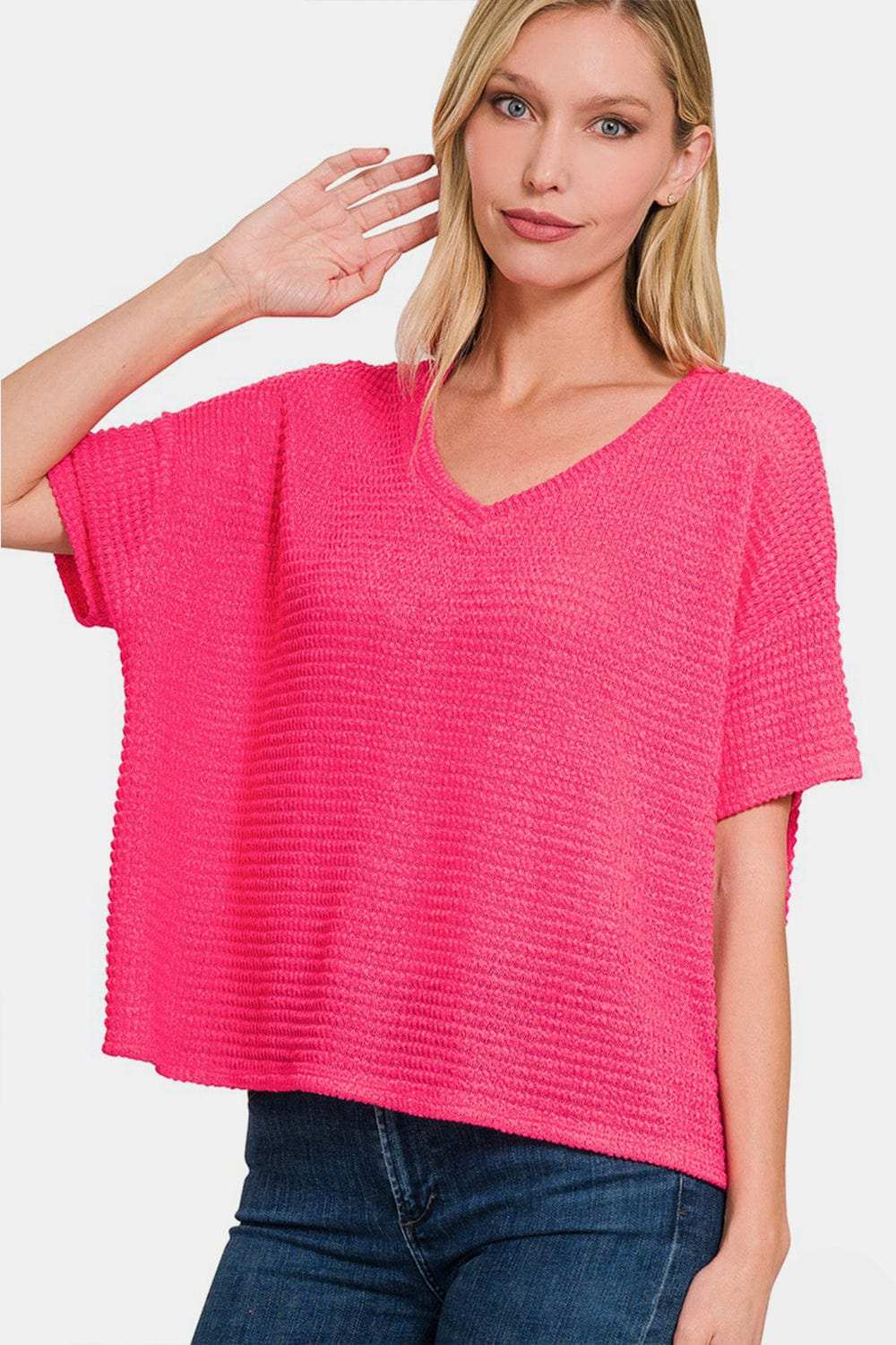 Zenana Drop Shoulder Short Sleeve Jacquard Knit Top - Trendsi - Flyclothing LLC