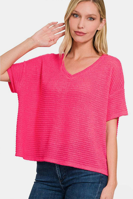 Zenana Drop Shoulder Short Sleeve Jacquard Knit Top - Trendsi - Flyclothing LLC