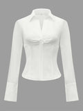 Ruched Striped Collared Neck Long Sleeve Shirt - Trendsi - Flyclothing LLC
