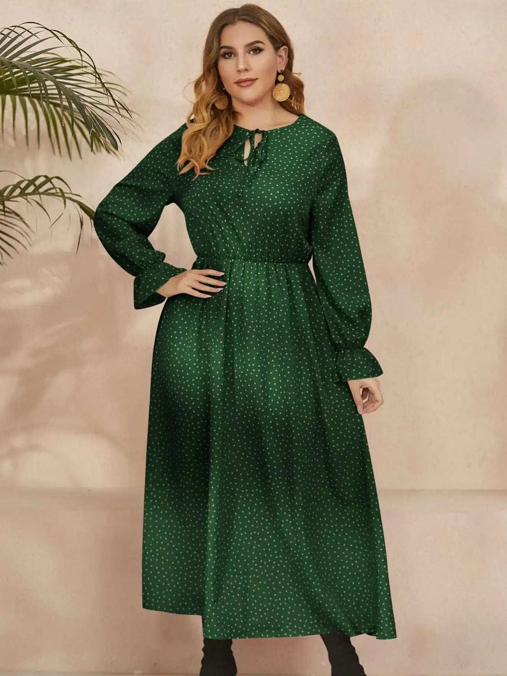 Plus Size Ruffled Polka Dot Long Sleeve Midi Dress - Trendsi - Flyclothing LLC