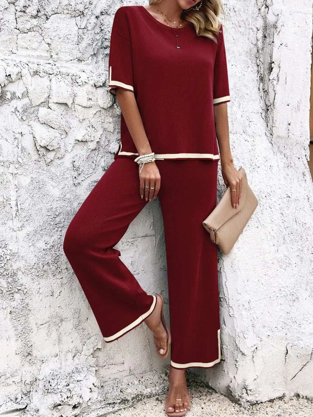 Contrast Trim Round Neck Top and Pants Set - Trendsi - Flyclothing LLC