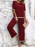 Contrast Trim Round Neck Top and Pants Set - Trendsi - Flyclothing LLC