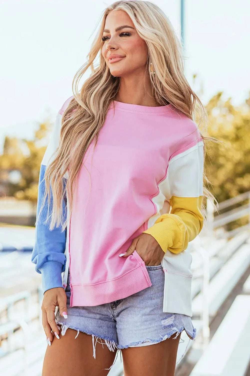 Slit Contrast Round Neck Long Sleeve Sweatshirt - Trendsi - Flyclothing LLC