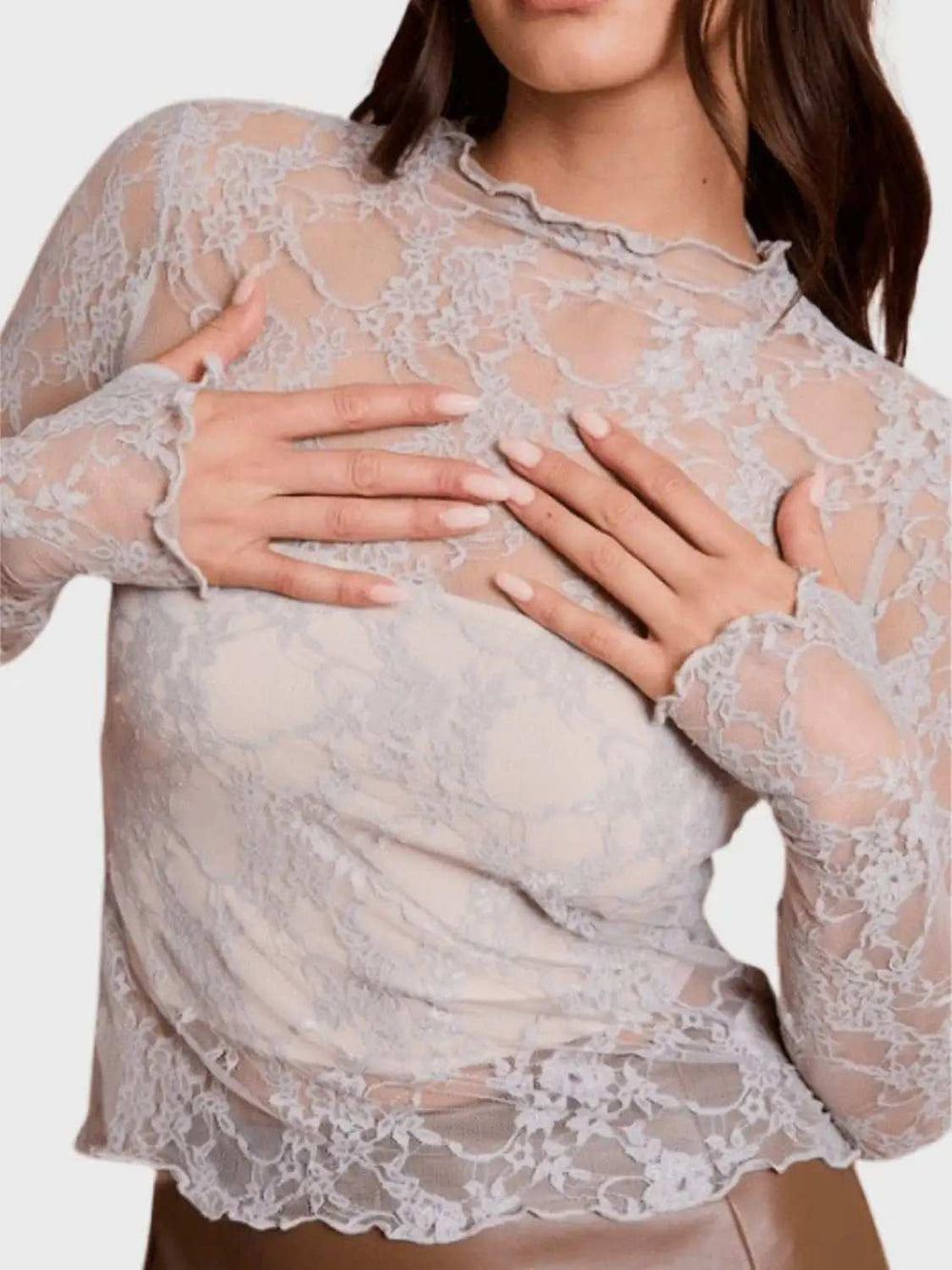 Lace Mock Neck Long Sleeve Top - Trendsi - Flyclothing LLC