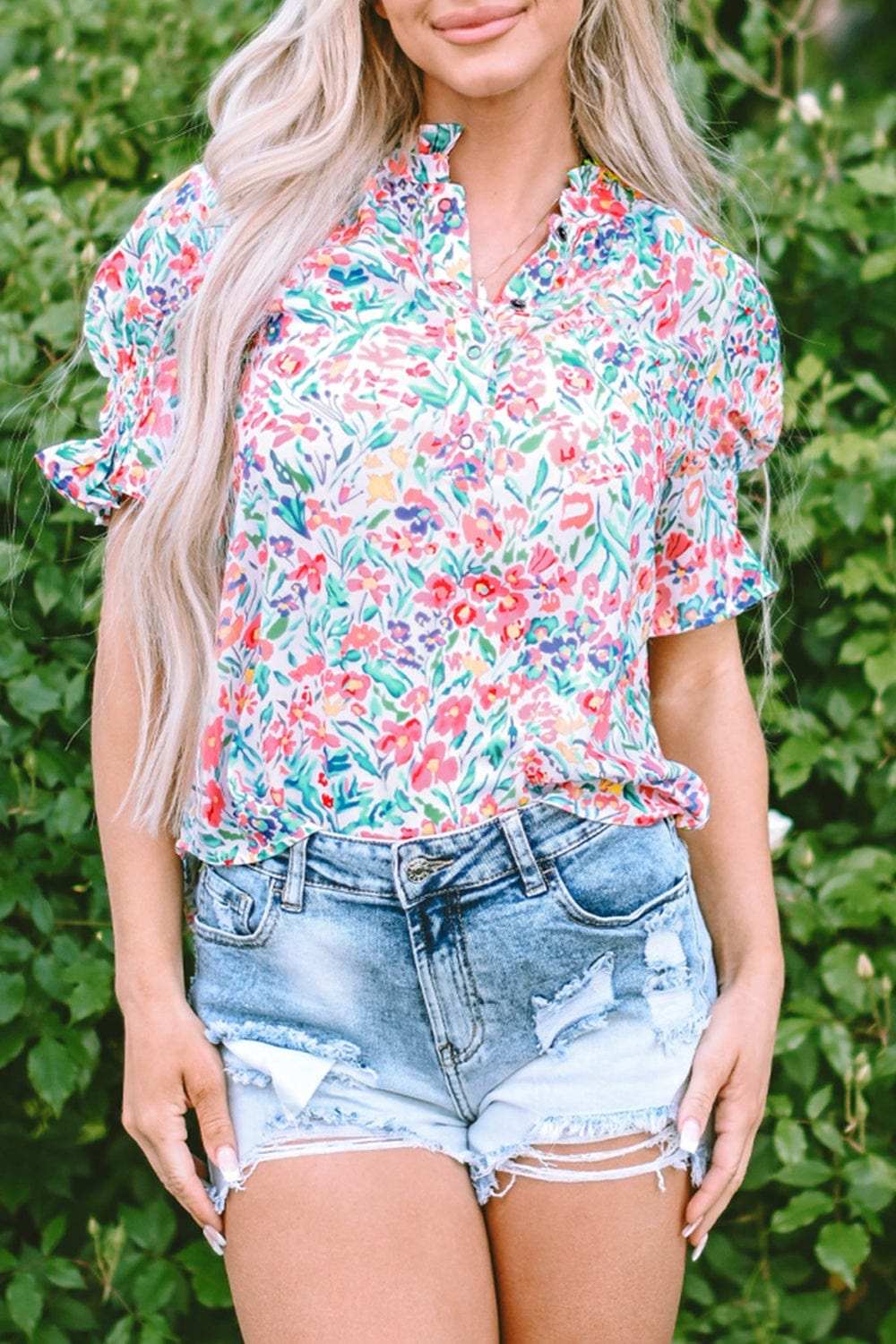Printed Notched Short Sleeve Blouse - Trendsi - Flyclothing LLC