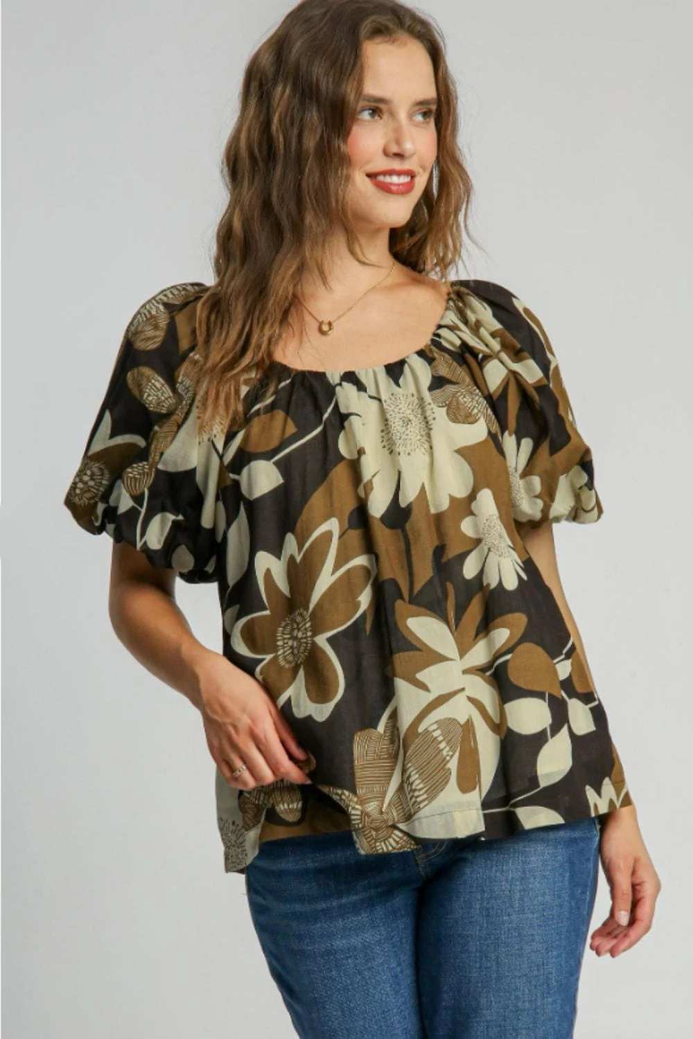 Umgee Full Size Print Round Neck Puff Sleeve Top Plus Size - Trendsi - Flyclothing LLC