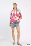 Umgee Peony Illustration Print Flounce Sleeve Blouse - Trendsi - Flyclothing LLC