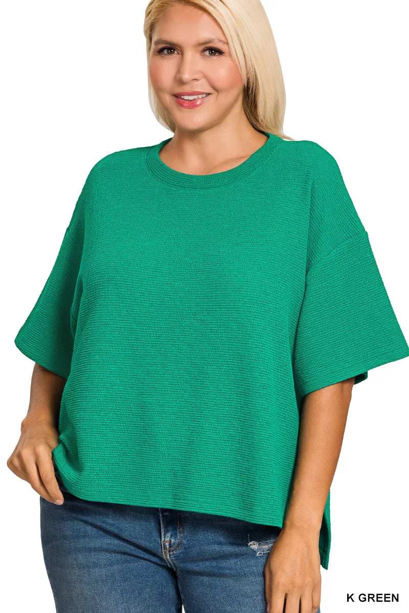 Zenana Full Size Double Knit Side Slits Hi Low Short Sleeve Top Plus Size - Trendsi - Flyclothing LLC
