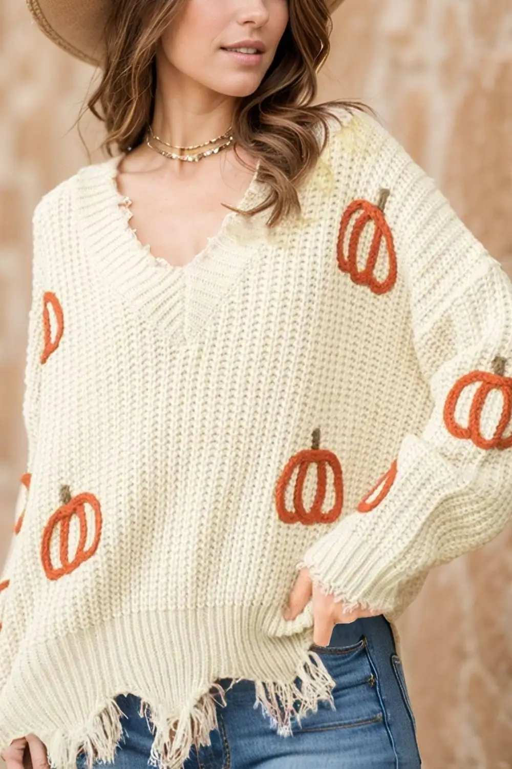 Raw Hem Pumpkin V-Neck Long Sleeve Sweater - Trendsi - Flyclothing LLC