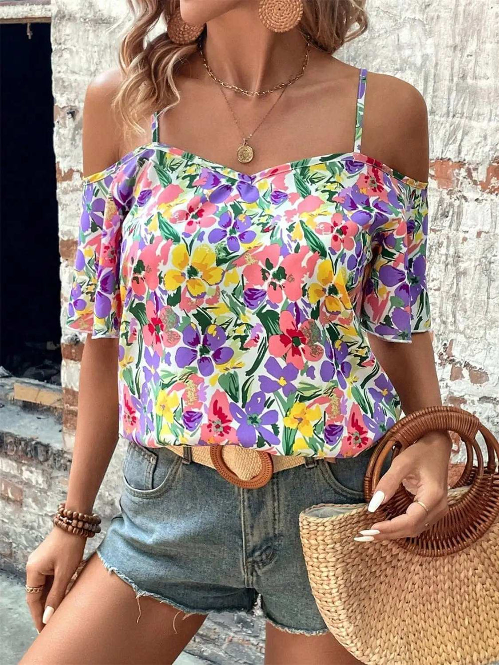 Floral Half Sleeve Blouse - Trendsi - Flyclothing LLC