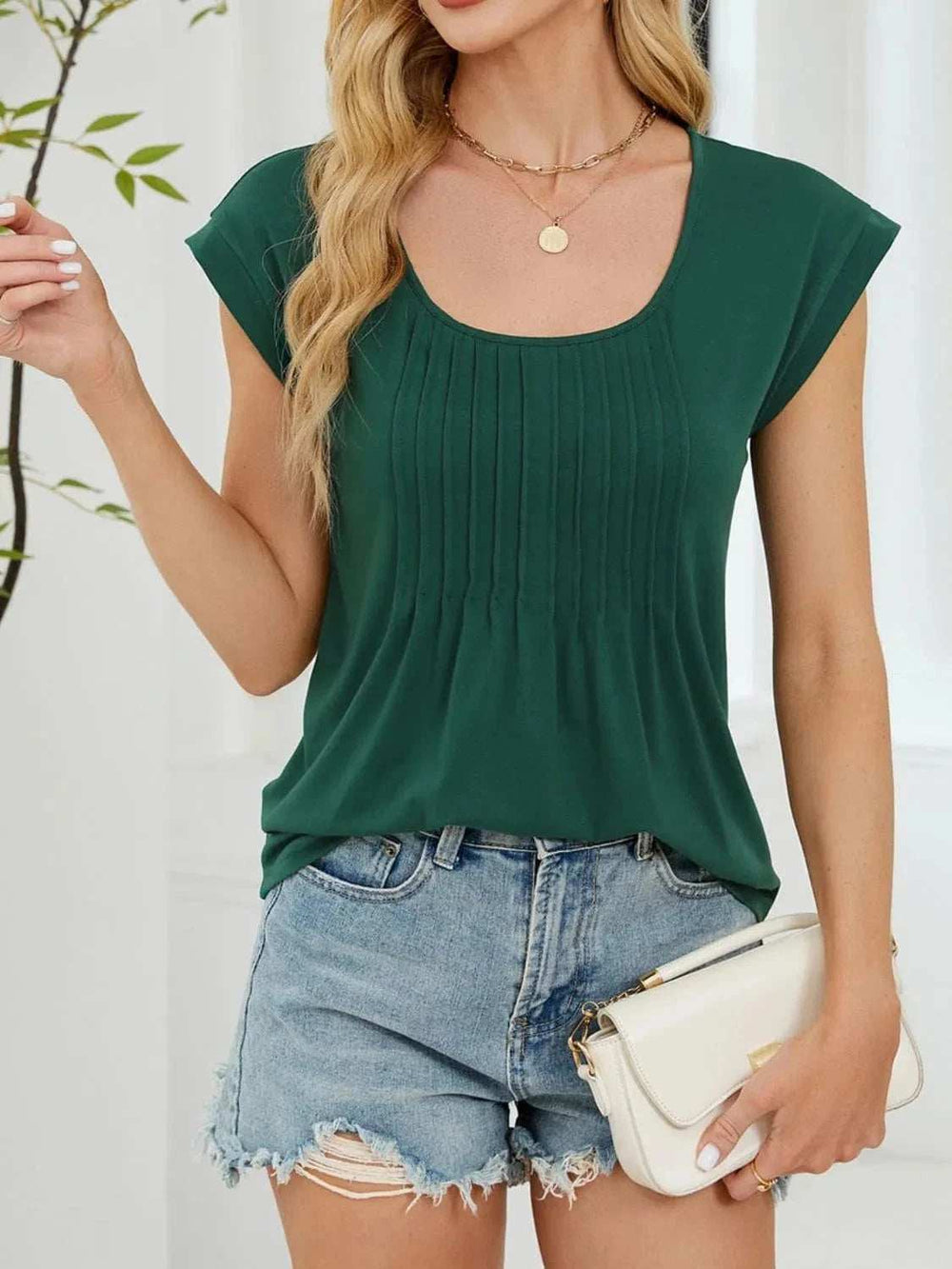 Pleated Front Scoop Neck T-Shirt - Trendsi - Flyclothing LLC