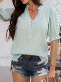 Devine Frill Notched Short Sleeve Blouse - Trendsi - Flyclothing LLC