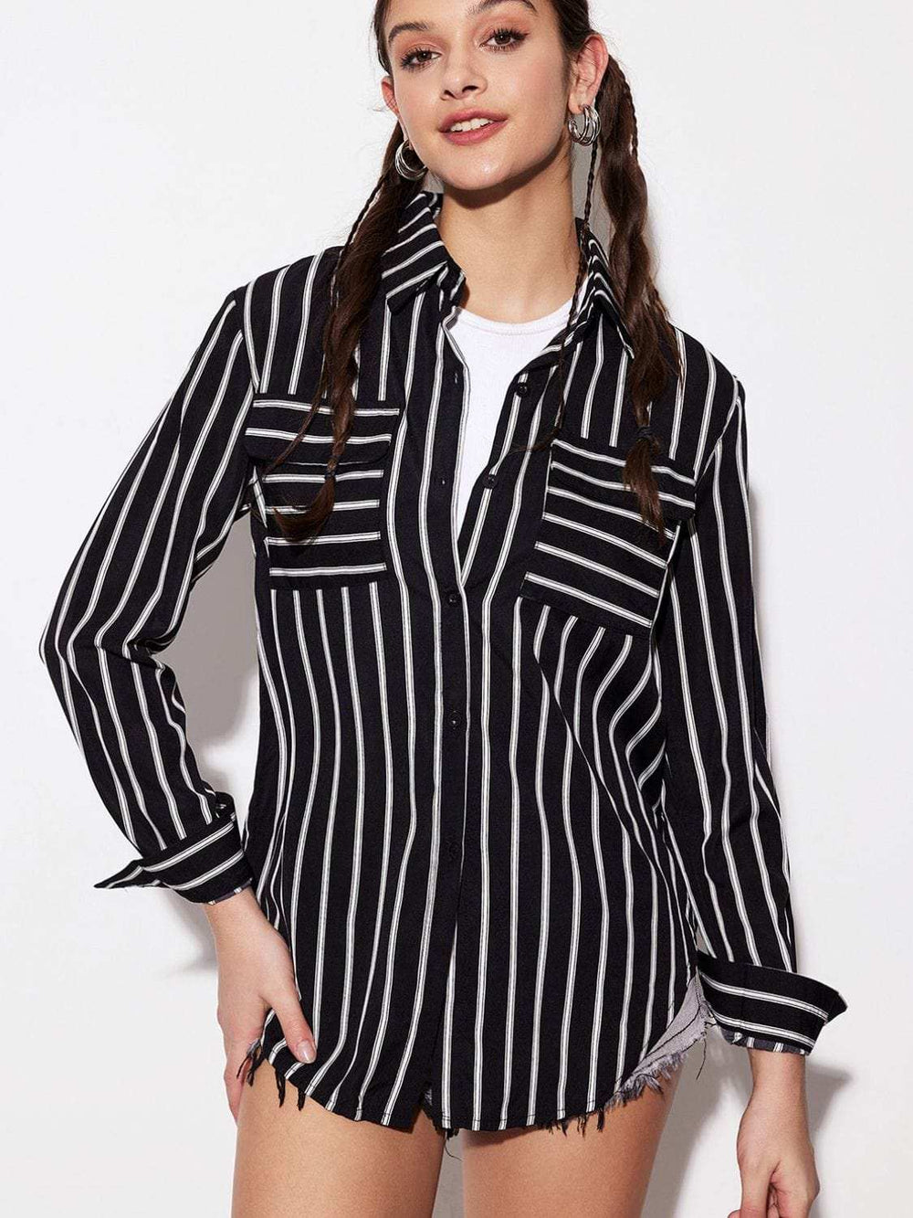 Striped Collared Neck Long Sleeve Shirt - Trendsi - Flyclothing LLC