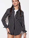 Striped Collared Neck Long Sleeve Shirt - Trendsi - Flyclothing LLC