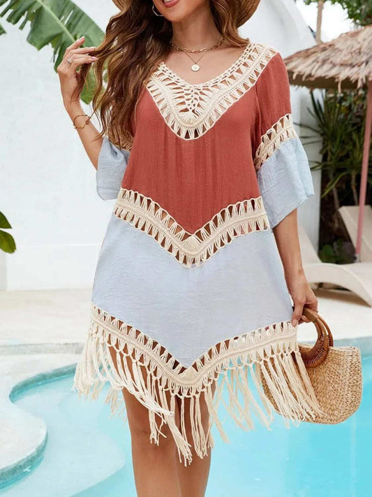 Backless Tassel Hem V-Neck Cover-Up - Trendsi - Flyclothing LLC
