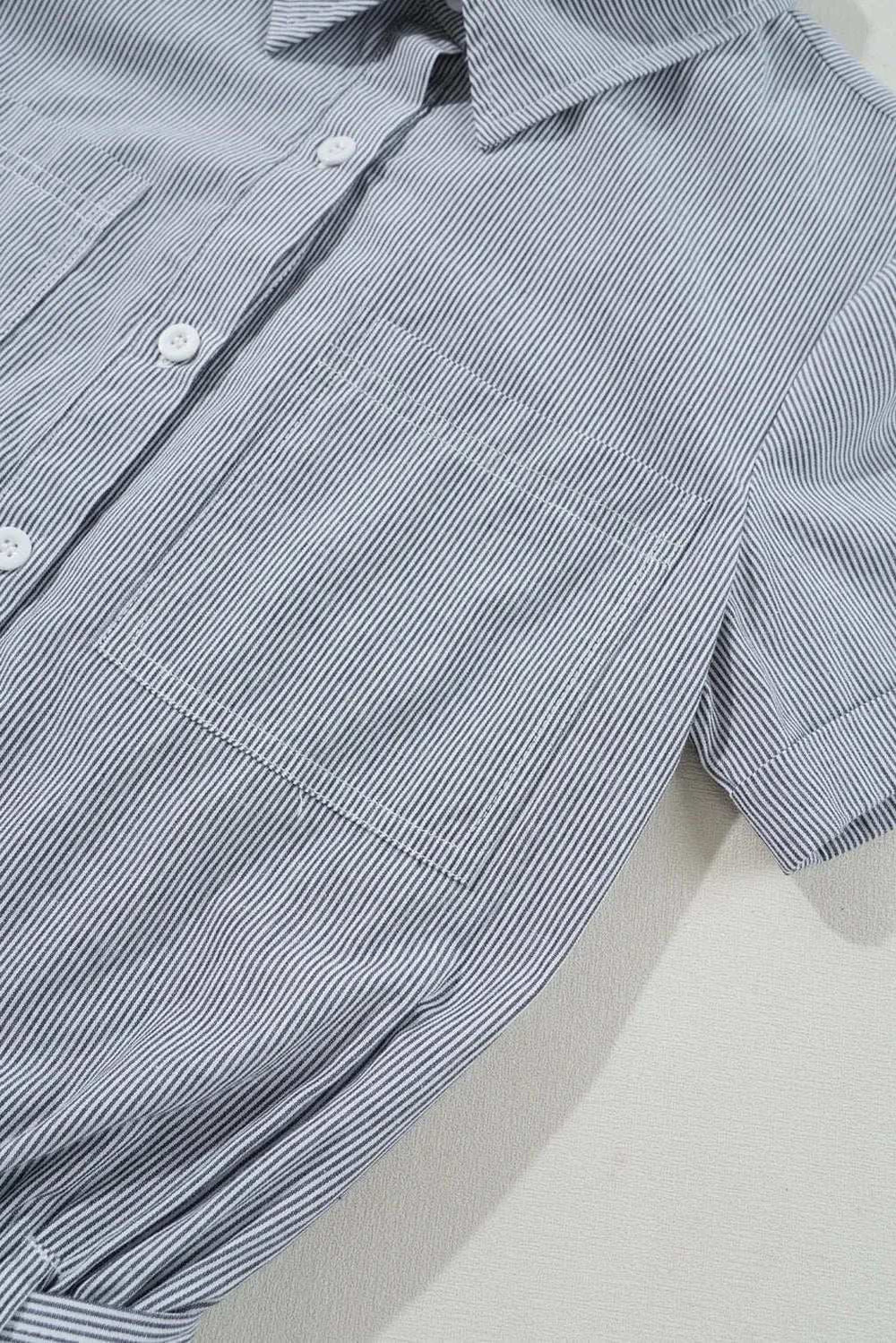 Stripe Chest Pockets Tie Waist Romper - Trendsi - Flyclothing LLC