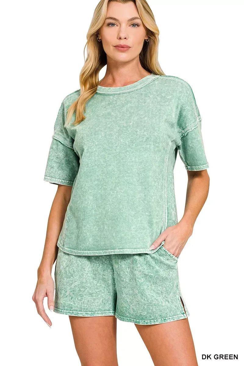 Zenana Halo Snow Washed Short Sleeve Tee and Shorts Set - Trendsi - Flyclothing LLC