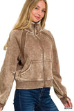 Zenana Acid Wash Zip Up Fleece Jacket - Trendsi - Flyclothing LLC