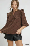 Umgee Bow Print Corduroy Puff Sleeve Blouse with Ruffled - Trendsi - Flyclothing LLC