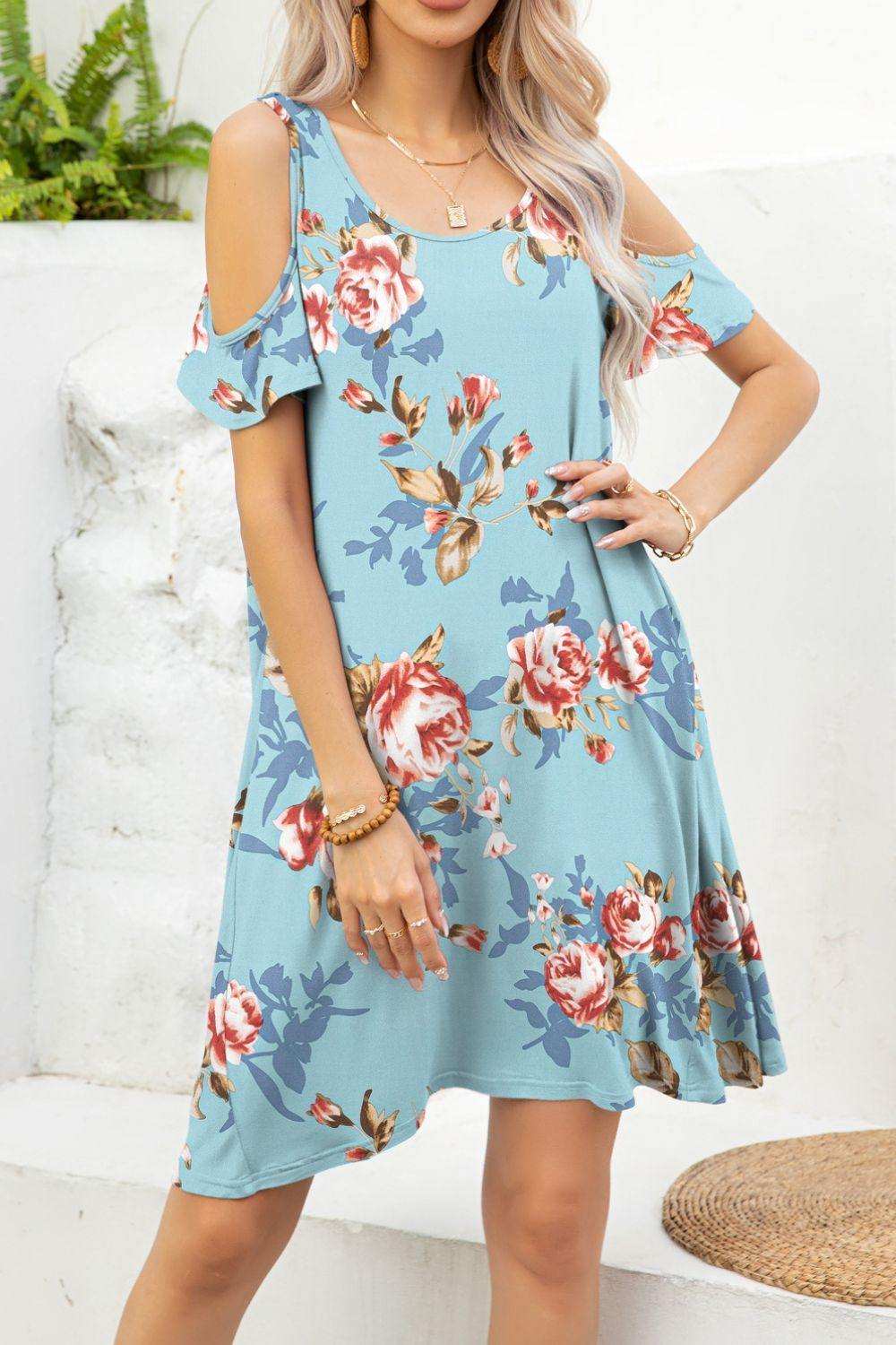 Floral Round Neck Cold-Shoulder Dress - Trendsi - Flyclothing LLC