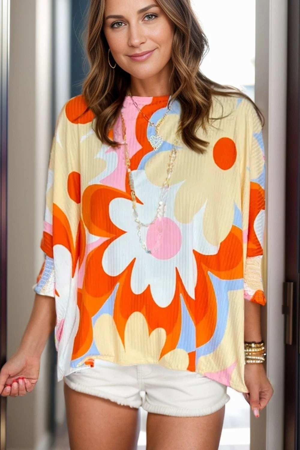 Flower Round Neck Three-Quarter Sleeve Blouse - Trendsi - Flyclothing LLC
