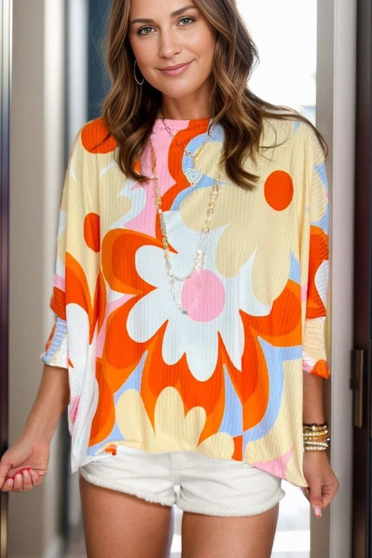 Flower Round Neck Three-Quarter Sleeve Blouse - Trendsi - Flyclothing LLC