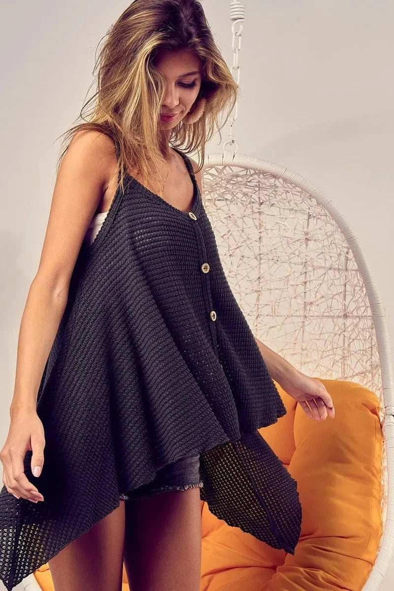BiBi Popcorn Waffle Knit with Buttoned Front Cami Top - Trendsi - Flyclothing LLC