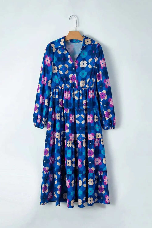 Printed Collared Neck Long Sleeve Midi Dress - Trendsi - Flyclothing LLC
