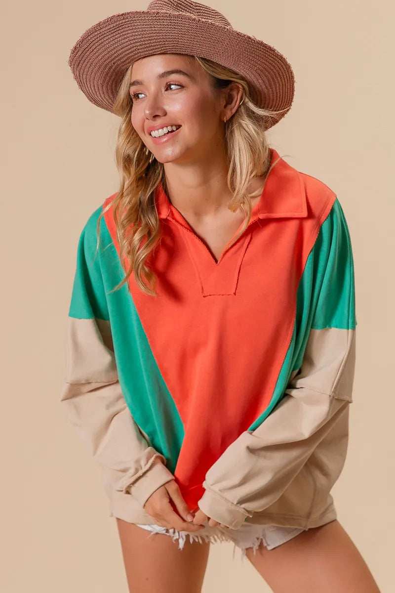 BiBi Colorblock Exposed Seam French Terry Sweatshirt - Trendsi - Flyclothing LLC