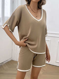 Contrast Trim V-Neck Top and Shorts Set - Trendsi - Flyclothing LLC