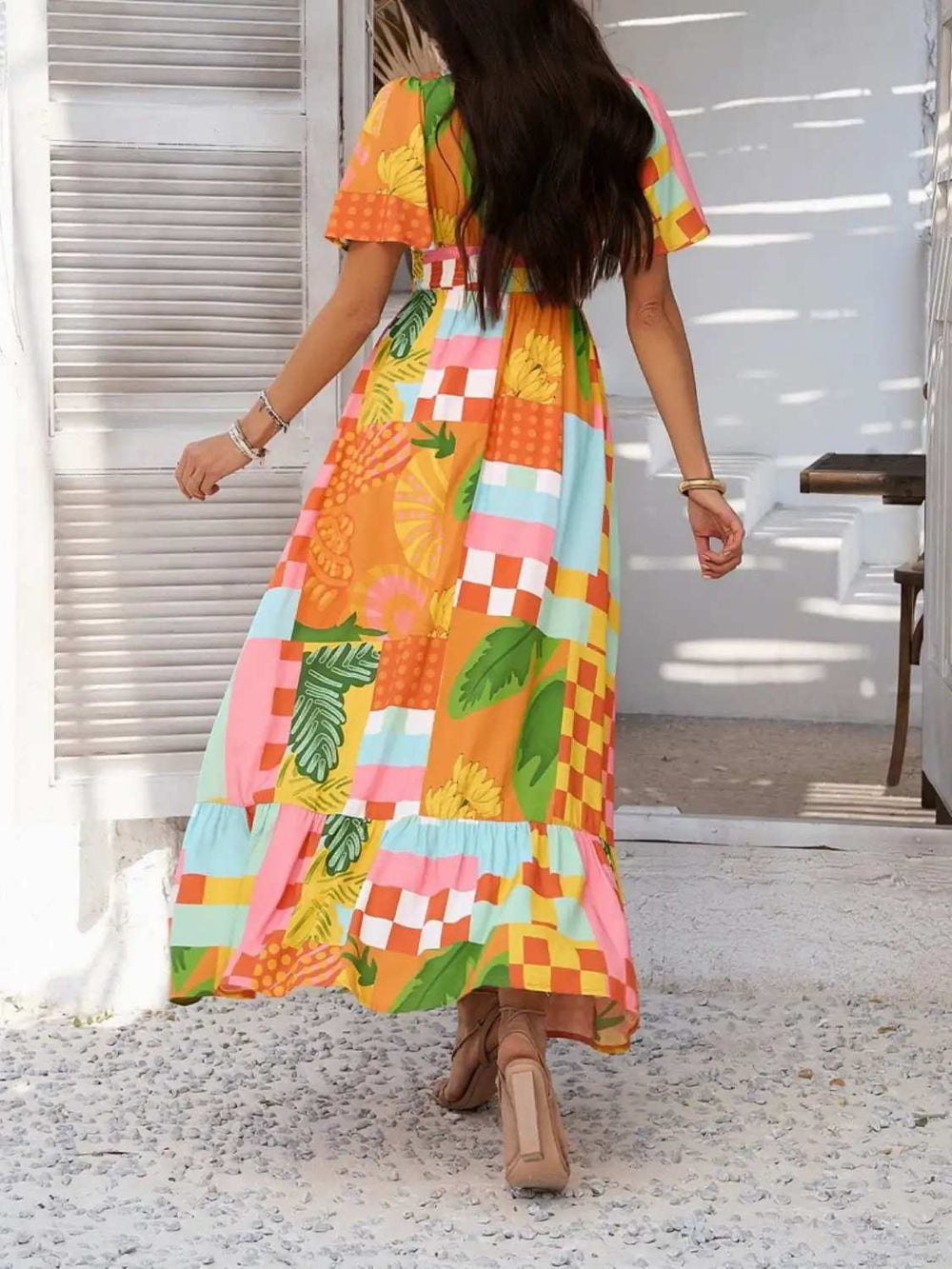 Devine Smocked Printed V-Neck Short Sleeve Maxi Dress - Trendsi - Flyclothing LLC