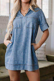 Short Sleeve Collared Patched Pocket Denim Mini Dress - Trendsi - Flyclothing LLC