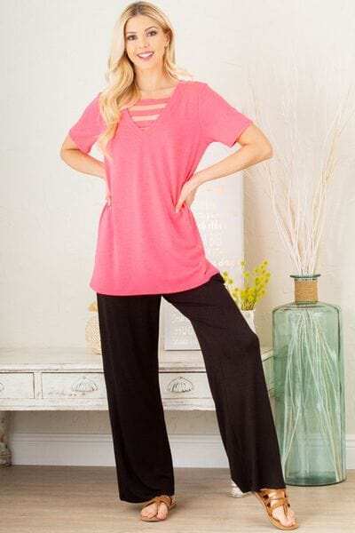 Heimish Full Size V-Neck Short Sleeve T-Shirt with Bar Detail Plus Size - Trendsi - Flyclothing LLC