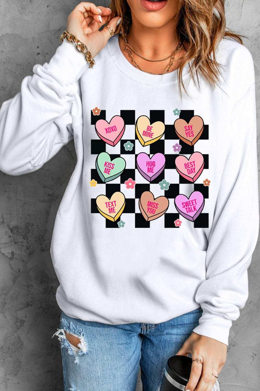 Valentine's Day Checkered Heart Long Sleeve Sweatshirt - Trendsi - Flyclothing LLC