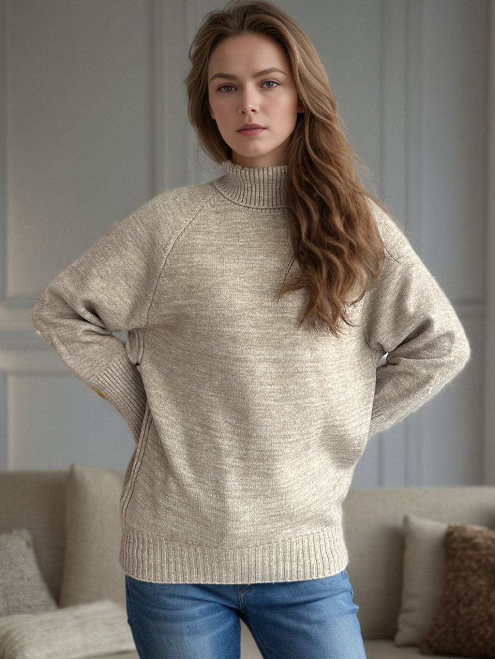 Turtleneck Raglan Sleeve Sweater - Trendsi - Flyclothing LLC