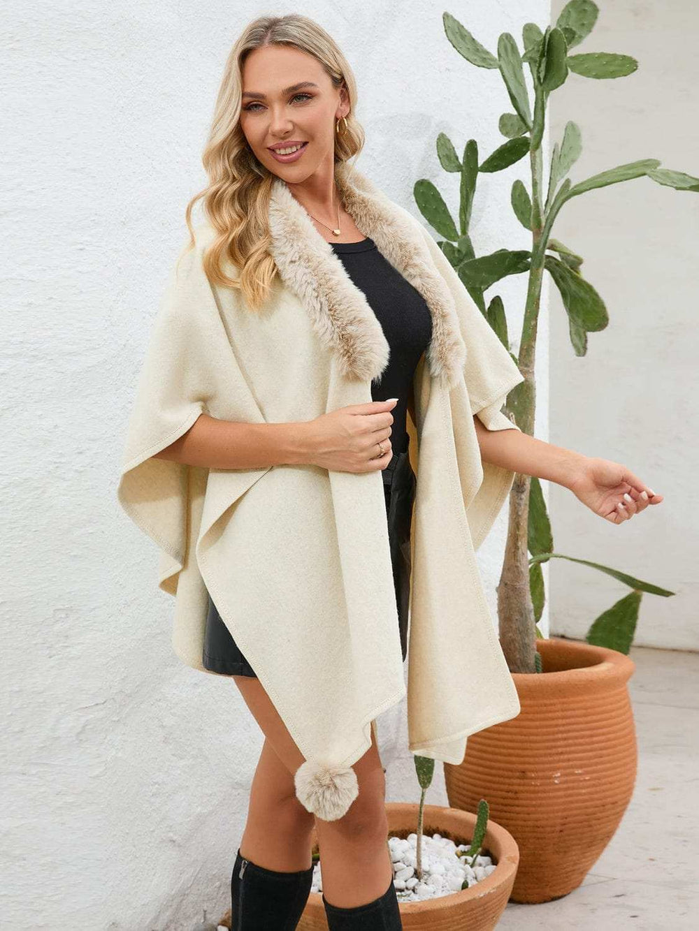 Fuzzy Trim Open Front Poncho - Trendsi - Flyclothing LLC
